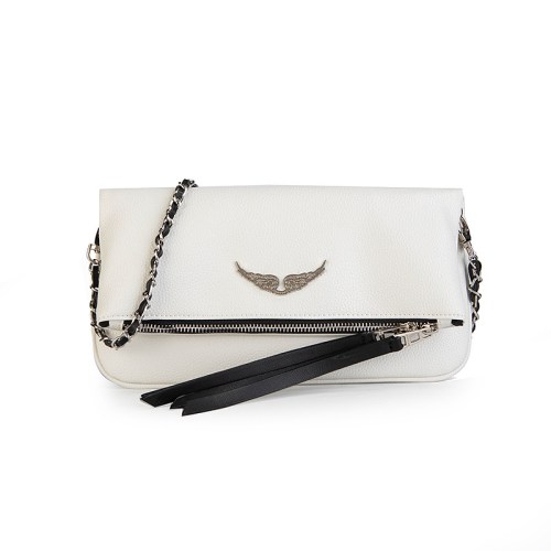 White leather clutch with chain strap and tassels