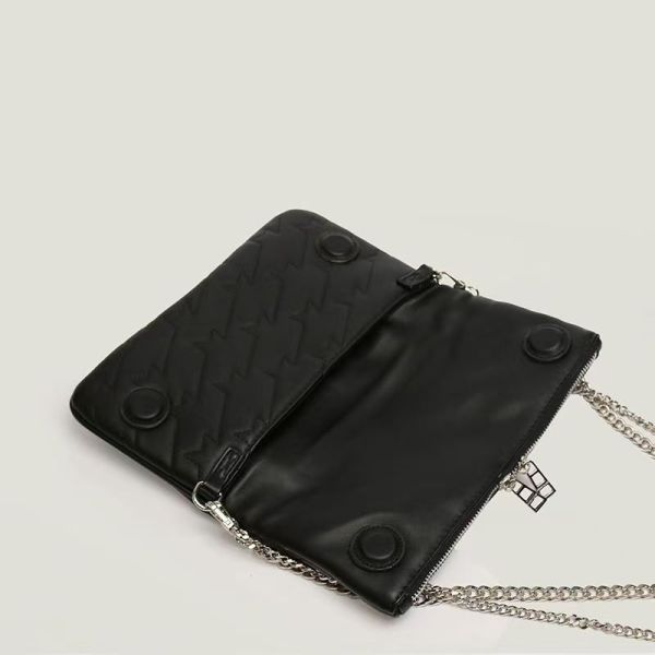 Black leather clutch with silver chain strap