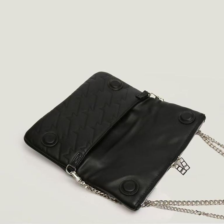 Black leather clutch with silver chain strap