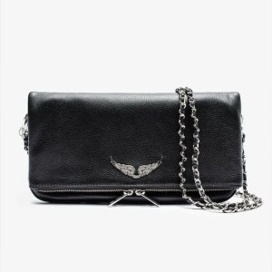 Black leather clutch with silver chain strap