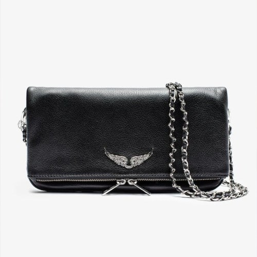 Black leather clutch with silver chain strap