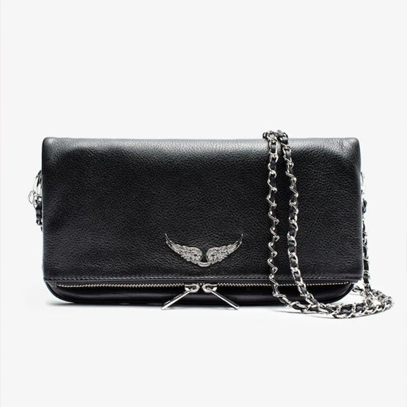 Black leather clutch with silver chain strap