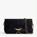 Black leather clutch with gold chain strap