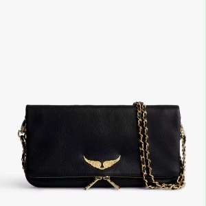 Black leather clutch with gold chain strap