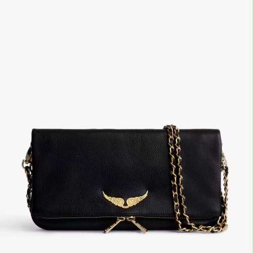 Black leather clutch with gold chain strap