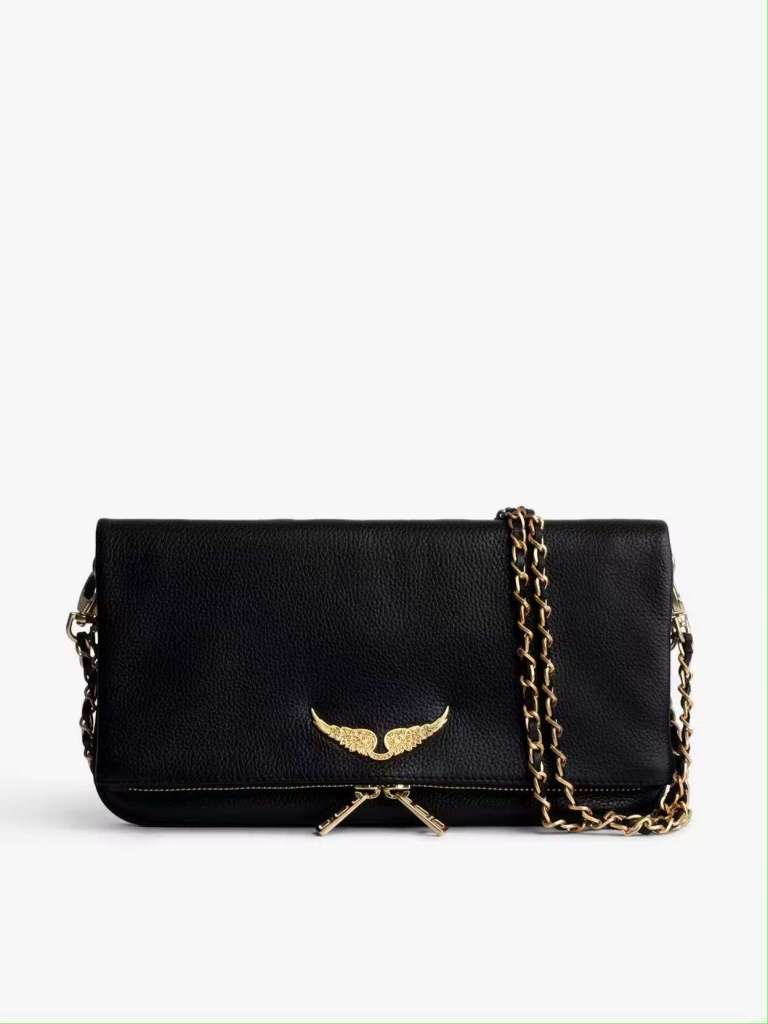 Black leather clutch with gold chain strap