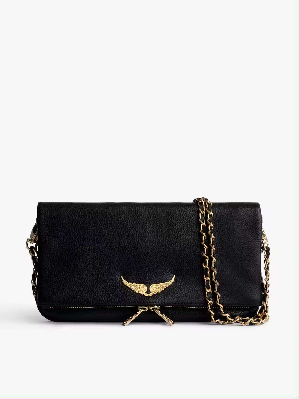 Black leather clutch with gold chain strap