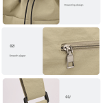 khaki chic lightweight nylon drawstring tote bag multi pocket casual shoulder & crossbody Beige bag with drawstring, zipper and buckle details