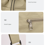 Beige bag details with drawstring, zipper and buckle