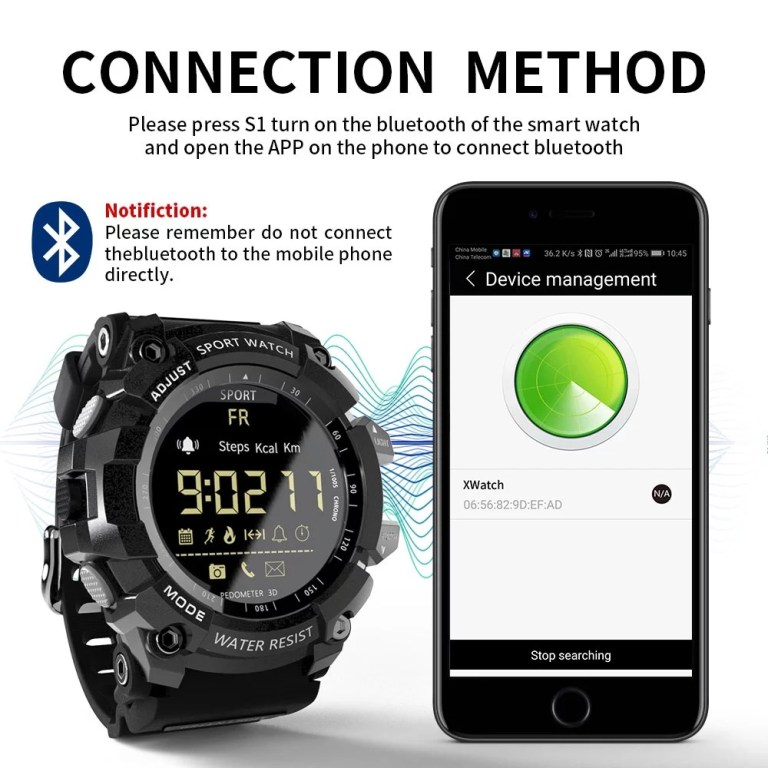 rugged sports smartwatch 50m waterproof, 24h 3d pedometer, bluetooth notifications & long battery life(black with blue text) Smartwatch connecting to smartphone via Bluetooth app