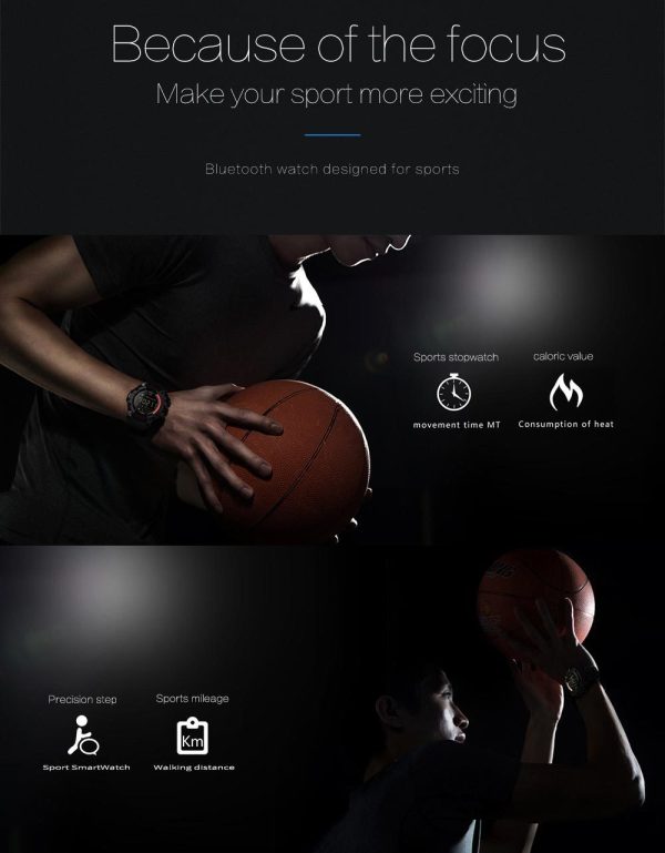 rugged sports smartwatch 50m waterproof, 24h 3d pedometer, bluetooth notifications & long battery life(black with gold text) Basketball player wearing sports smartwatch in dark setting