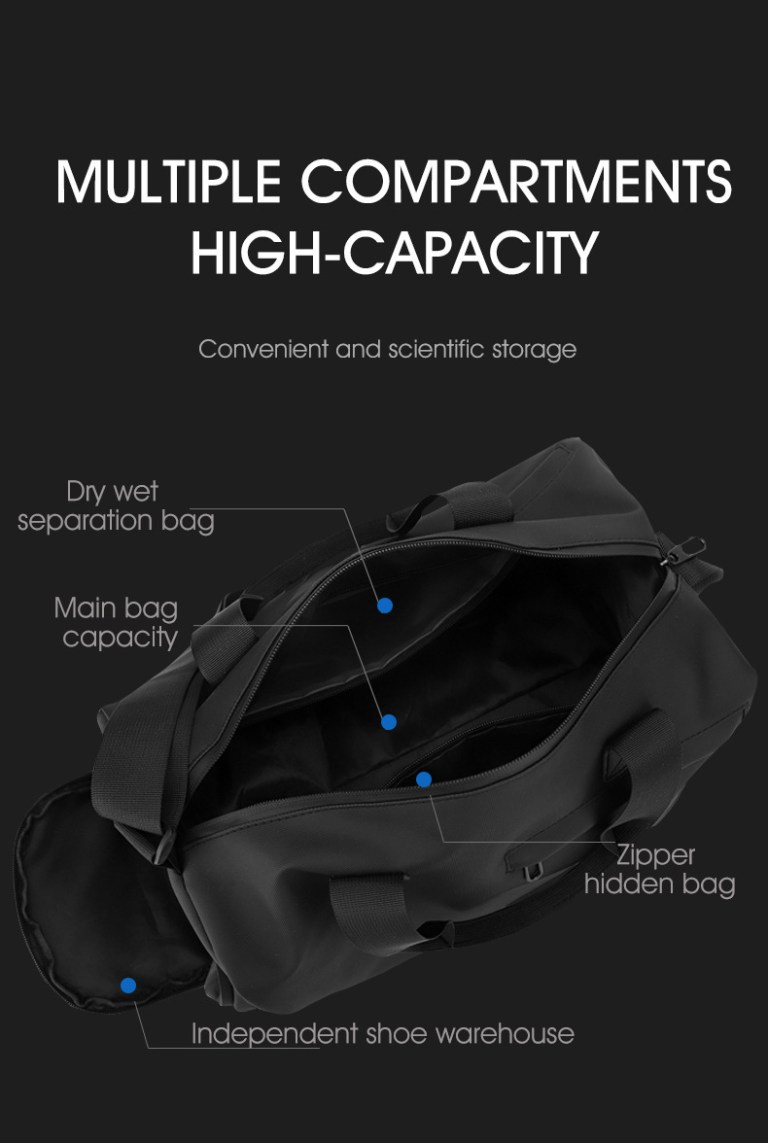 large capacity travel duffel bag with shoe compartment & wet pocket multi purpose gym & weekend bag(black) Black duffel bag with multiple storage compartments