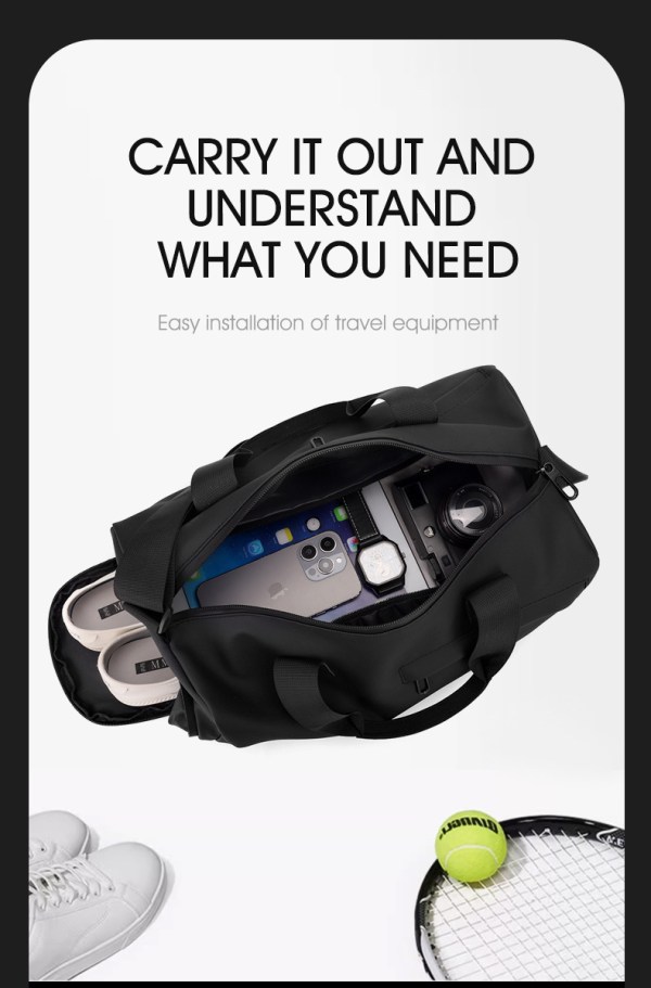 large capacity travel duffel bag with shoe compartment & wet pocket multi purpose gym & weekend bag(black) Open black travel duffel with tech and sneakers