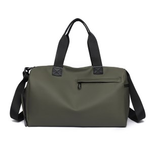 Olive green duffel bag with black straps
