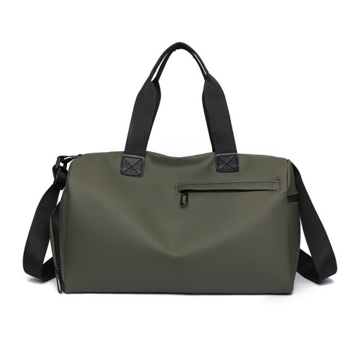 Olive green duffel bag with black straps