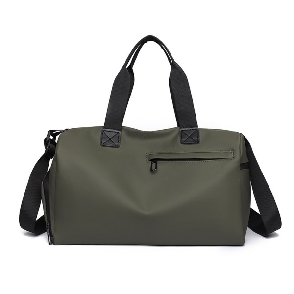 Olive green duffel bag with black straps