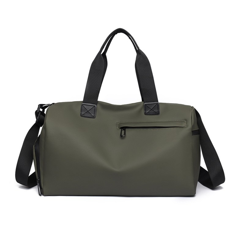 Olive green duffel bag with black straps