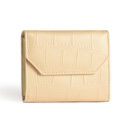 Beige crocodile-embossed tri-fold wallet on white background