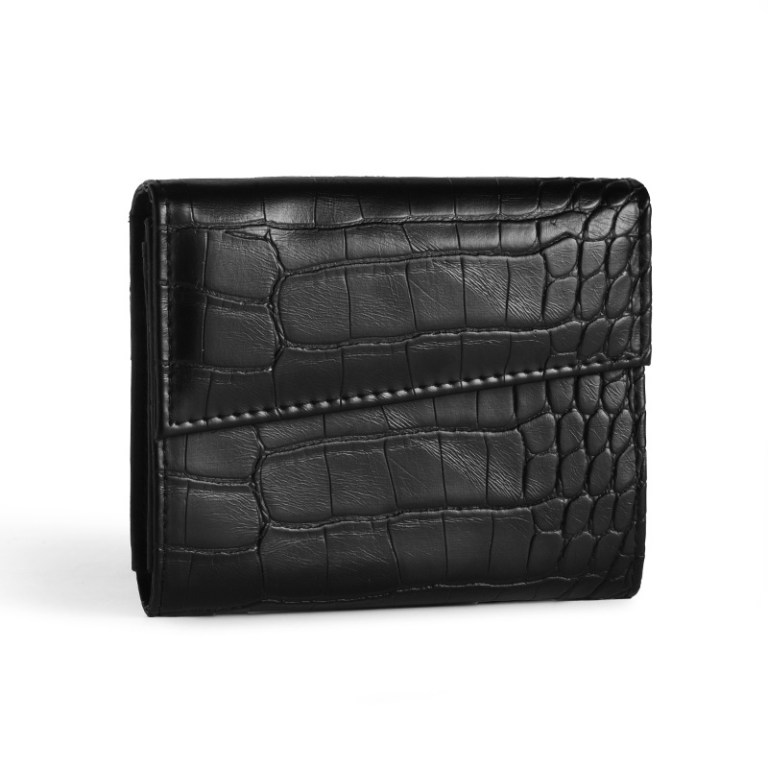 3 pack soft pu rhombus pattern quilted lipstick & card holder portable & durable cosmetic pouch / coin purse (brown quilted & beige crocodile pattern & black crocodile pattern set) Black crocodile-textured leather wallet on white background