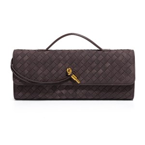 Woven brown leather clutch with gold clasp