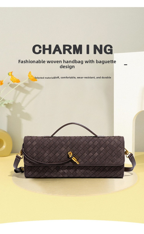 retro woven baguette handbag for women suede texture pu leather shoulder crossbody bag elegant evening clutch coffee brown Brown woven baguette handbag with gold clasp