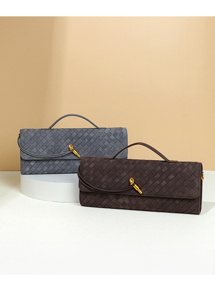 retro woven baguette handbag for women suede texture pu leather shoulder crossbody bag elegant evening clutch coffee brown Two woven leather clutch handbags with gold clasps