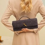 retro woven baguette handbag for women suede texture pu leather shoulder crossbody bag elegant evening clutch coffee brown Woman holding woven leather clutch behind back
