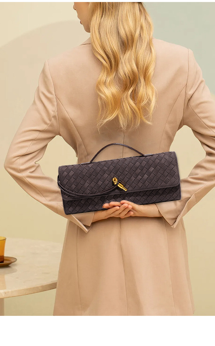 retro woven baguette handbag for women suede texture pu leather shoulder crossbody bag elegant evening clutch coffee brown Woman holding woven leather clutch behind back