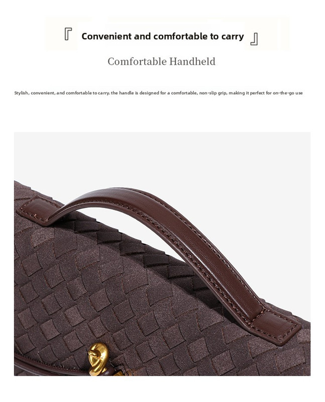 retro woven baguette handbag for women suede texture pu leather shoulder crossbody bag elegant evening clutch coffee brown Close-up of brown woven leather bag handle