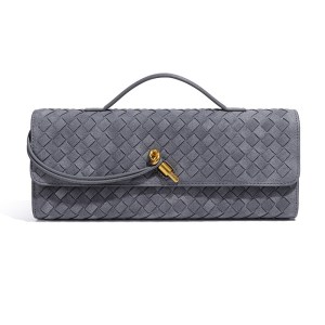 Grey woven leather clutch with gold clasp