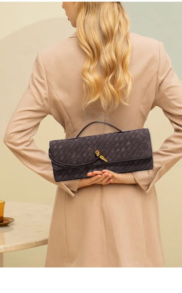 retro woven baguette handbag for women suede texture pu leather shoulder crossbody bag elegant evening clutch warm gray Woman holding woven clutch behind back