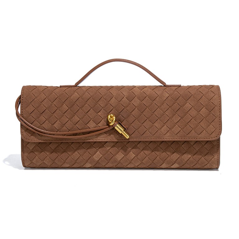Brown woven leather clutch with gold clasp
