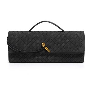 Black woven leather clutch with gold clasp