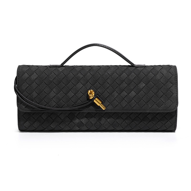 Black woven leather clutch with gold clasp