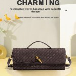 retro woven baguette handbag for women suede texture pu leather shoulder crossbody bag elegant evening clutch khaki Brown woven baguette handbag with gold clasp