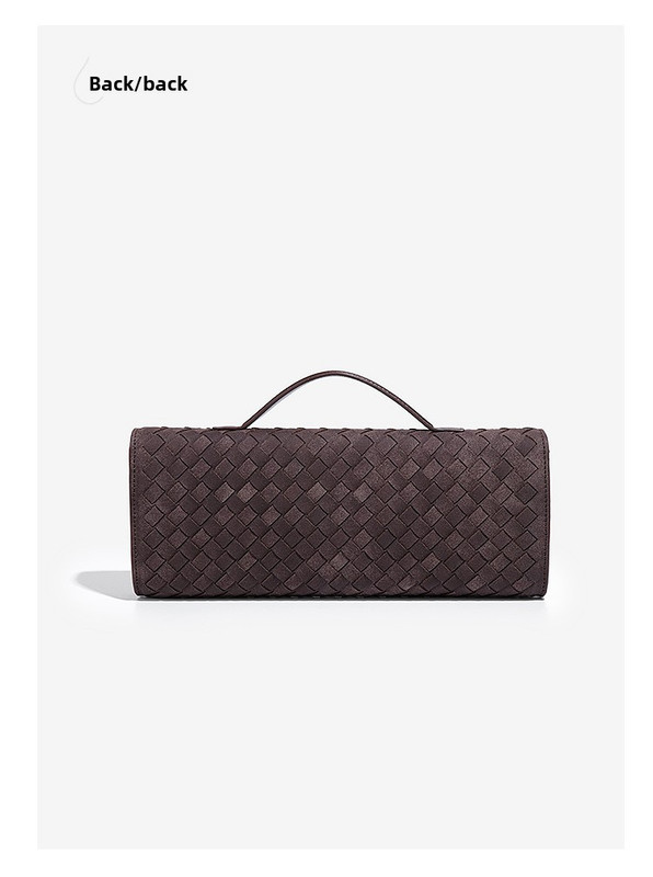 Back view of brown woven leather clutch