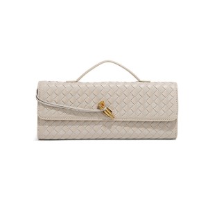 Beige woven leather clutch with gold clasp