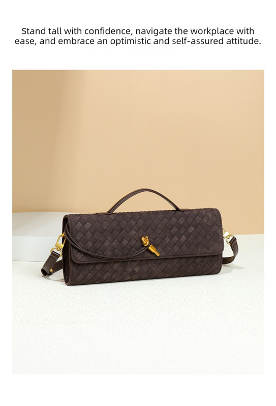 retro woven baguette handbag for women suede texture pu leather shoulder crossbody bag elegant evening clutch sand color Brown woven leather handbag with gold clasp