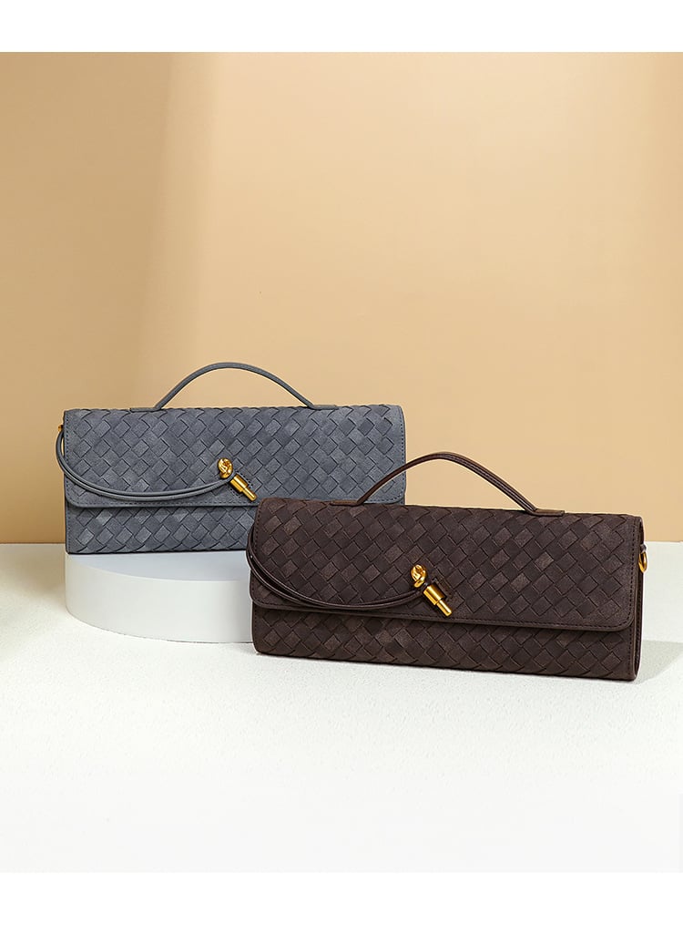 retro woven baguette handbag for women suede texture pu leather shoulder crossbody bag elegant evening clutch sand color Blue and brown woven leather clutch handbags