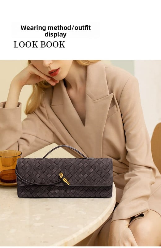 retro woven baguette handbag for women suede texture pu leather shoulder crossbody bag elegant evening clutch sand color Beige blazer outfit with woven clutch handbag