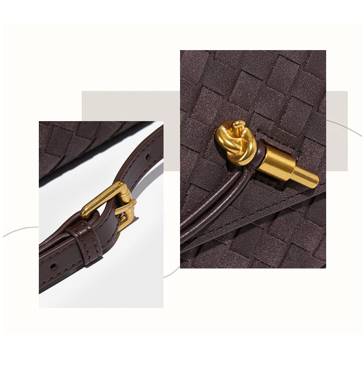 retro woven baguette handbag for women suede texture pu leather shoulder crossbody bag elegant evening clutch sand color Brown woven leather bag with gold hardware detail