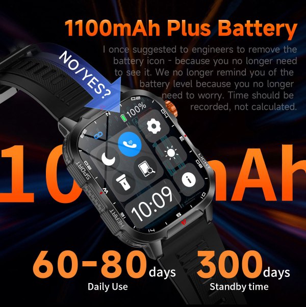 rugged outdoor smart watch for men 1100mah extra long battery with led flashlight & compass 2.01 hd screen bluetooth calling ip68 waterproof fitness tracker black" Rugged smartwatch with 1100mAh long-life battery