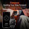 rugged outdoor smart watch for men 1100mah extra long battery with led flashlight & compass 2.01 hd screen bluetooth calling ip68 waterproof fitness tracker black" Smartwatch and phone compass app showing northwest direction