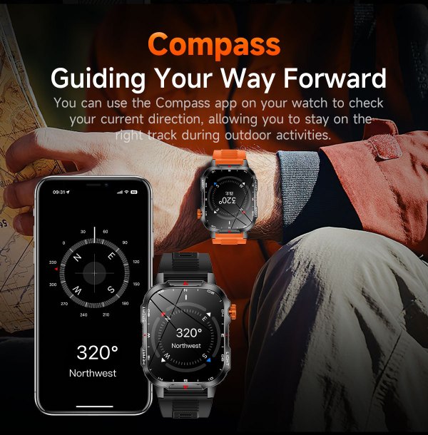 rugged outdoor smart watch for men 1100mah extra long battery with led flashlight & compass 2.01 hd screen bluetooth calling ip68 waterproof fitness tracker black" Smartwatch and phone compass app showing northwest direction