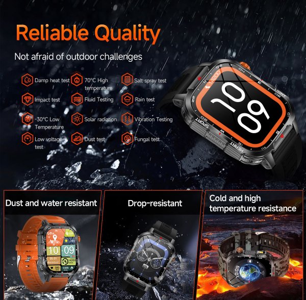 rugged outdoor smart watch for men 1100mah extra long battery with led flashlight & compass 2.01 hd screen bluetooth calling ip68 waterproof fitness tracker black" Rugged smartwatch showcasing durability and resistance features
