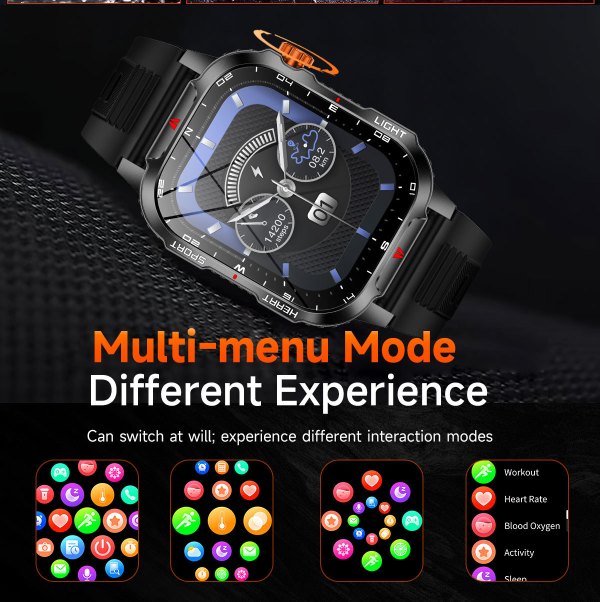 rugged outdoor smart watch for men 1100mah extra long battery with led flashlight & compass 2.01 hd screen bluetooth calling ip68 waterproof fitness tracker black" Black rugged smartwatch with multi-menu display modes