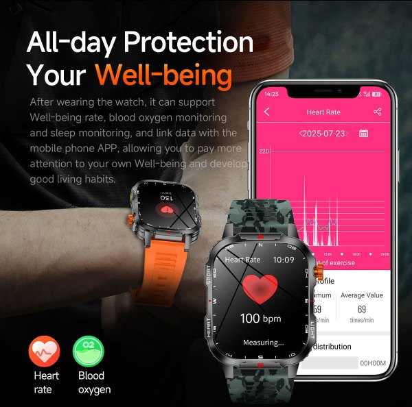 rugged outdoor smart watch for men 1100mah extra long battery with led flashlight & compass 2.01 hd screen bluetooth calling ip68 waterproof fitness tracker black" Smartwatch displaying heart rate and health tracking app