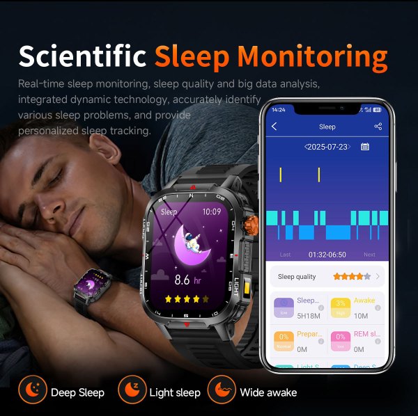 rugged outdoor smart watch for men 1100mah extra long battery with led flashlight & compass 2.01 hd screen bluetooth calling ip68 waterproof fitness tracker black" Man sleeping with smartwatch sleep tracking display