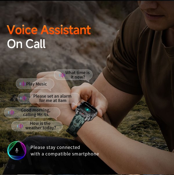 rugged outdoor smart watch for men 1100mah extra long battery with led flashlight & compass 2.01 hd screen bluetooth calling ip68 waterproof fitness tracker black" Man using smartwatch voice assistant outdoors