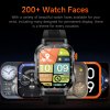 rugged outdoor smart watch for men 1100mah extra long battery with led flashlight & compass 2.01 hd screen bluetooth calling ip68 waterproof fitness tracker black" Smartwatch displaying multiple colourful watch face designs